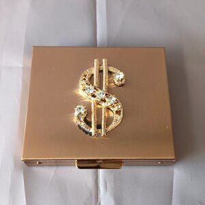 Vintage 1950's Gold Tone $ MONEY $ COMPACT Currency Coin Holder Case Rhinestones